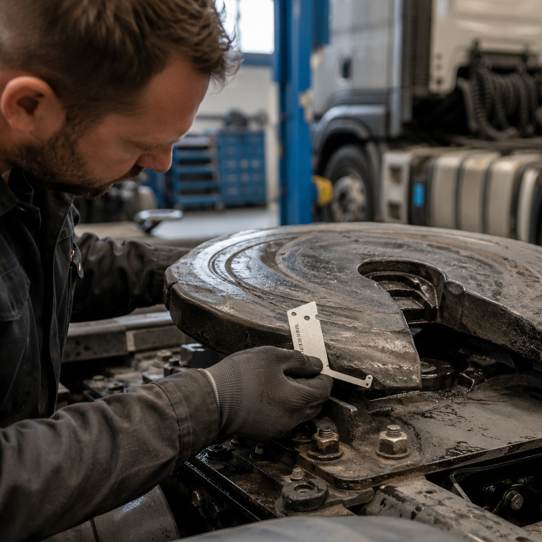 Mechaniker prüft die Sattelkupplung eines Sattelzugs mit einer Verschleißlehre