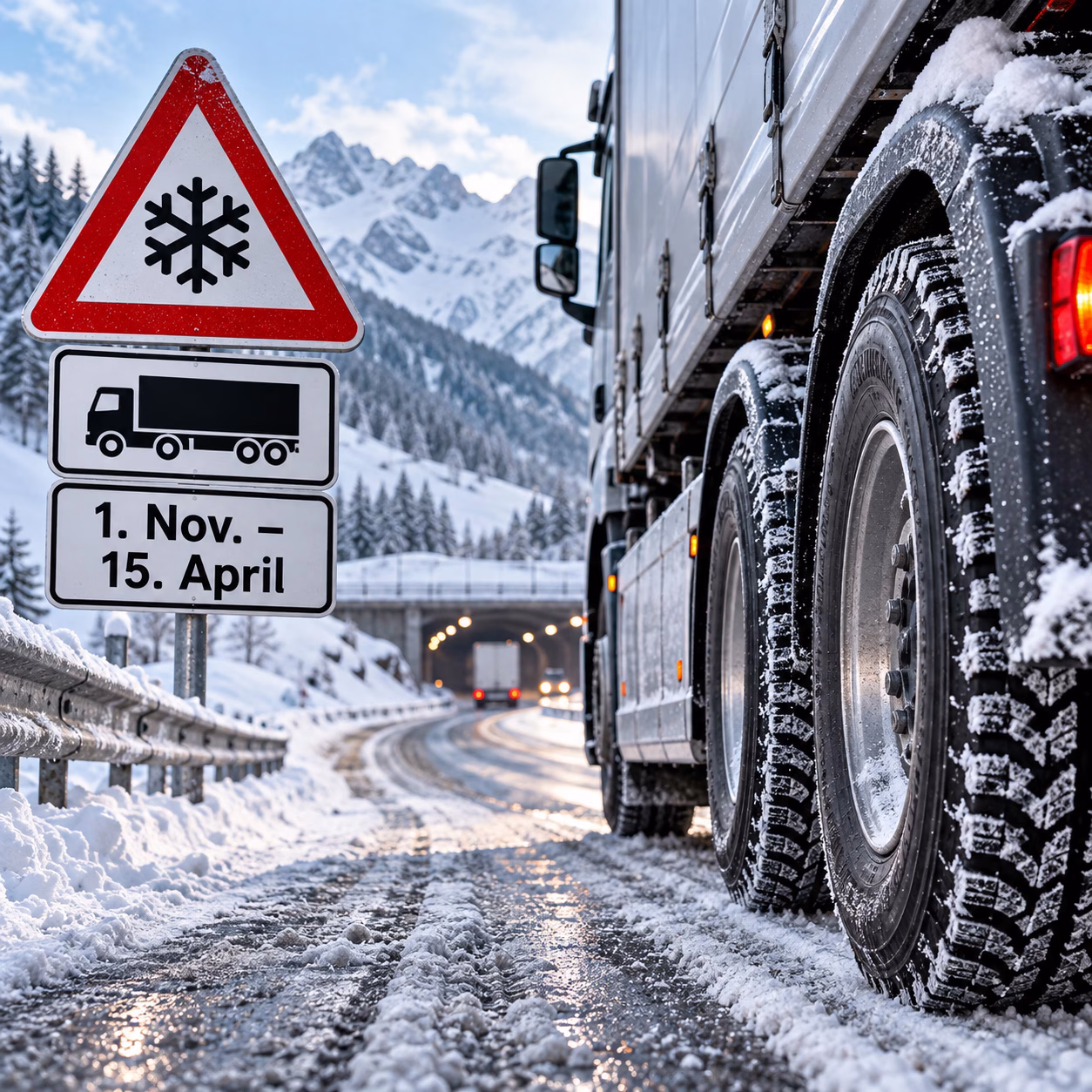 LKW mit Winterreifen und montierten Schneeketten auf schneebedeckter Straße